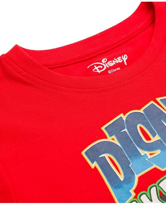Pine Kids Disney Single Jersey Knit Drop Shoulder Half Sleeves Oversized T-Shirt With Mickey Mouse Graphics - Red