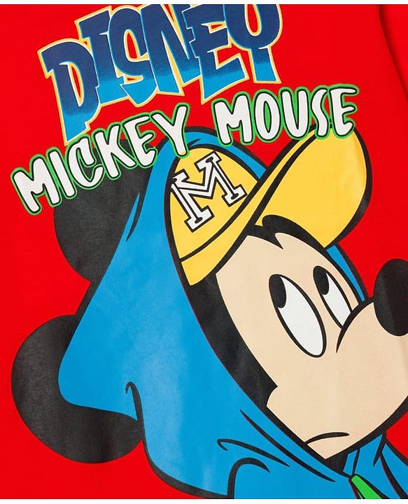 Pine Kids Disney Single Jersey Knit Drop Shoulder Half Sleeves Oversized T-Shirt With Mickey Mouse Graphics - Red