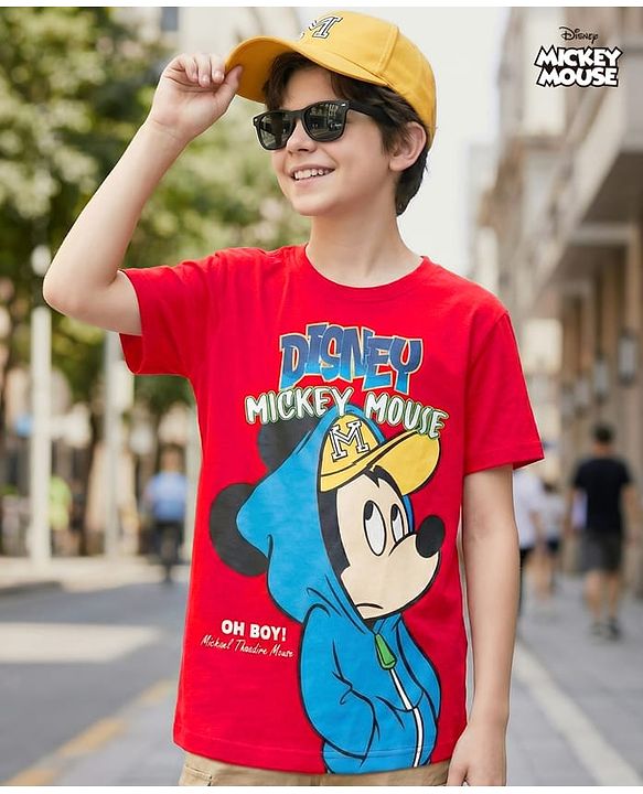 Pine Kids Disney Single Jersey Knit Drop Shoulder Half Sleeves Oversized T-Shirt With Mickey Mouse Graphics - Red