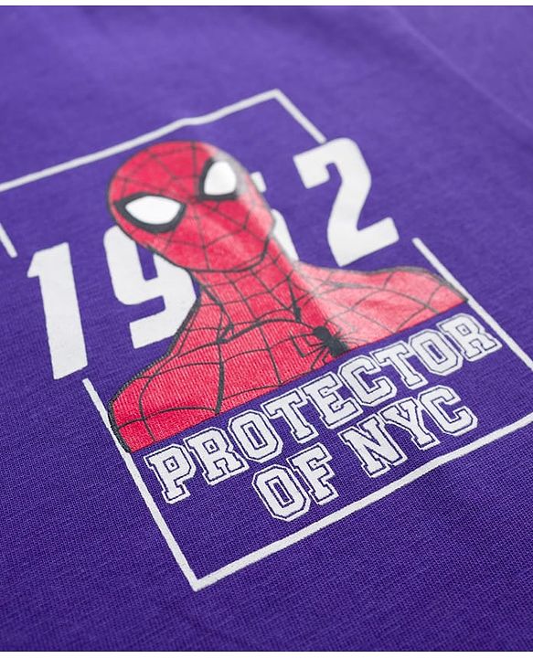 Pine Kids Marvel Terry Knit Drop Shoulder Half Sleeves T-Shirt with Front & Back Spiderman Graphics - Purple