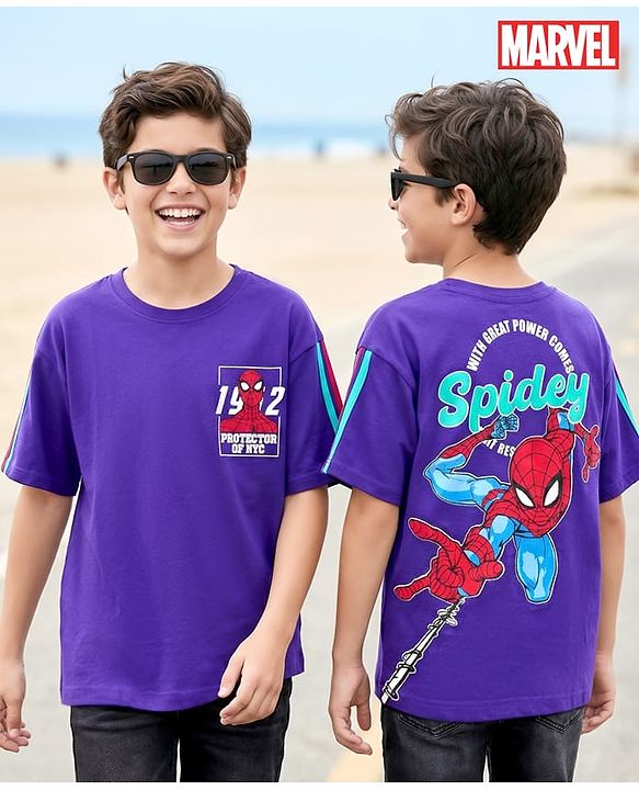 Pine Kids Marvel Terry Knit Drop Shoulder Half Sleeves T-Shirt with Front & Back Spiderman Graphics - Purple