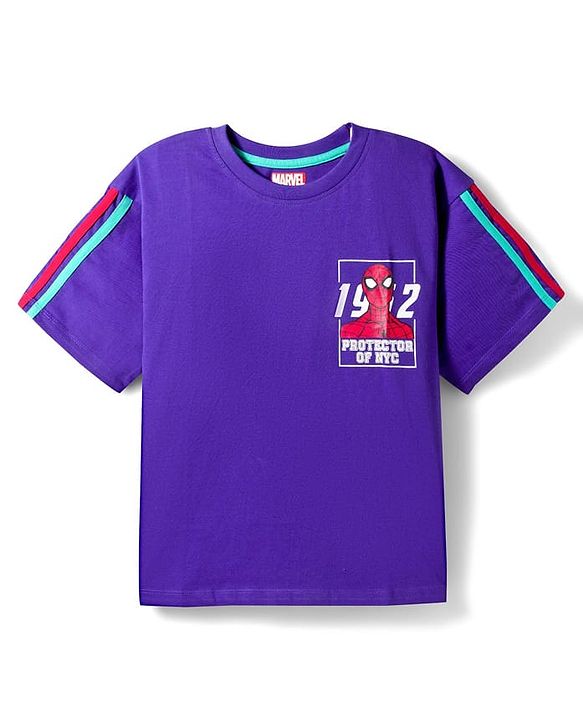 Pine Kids Marvel Terry Knit Drop Shoulder Half Sleeves T-Shirt with Front & Back Spiderman Graphics - Purple