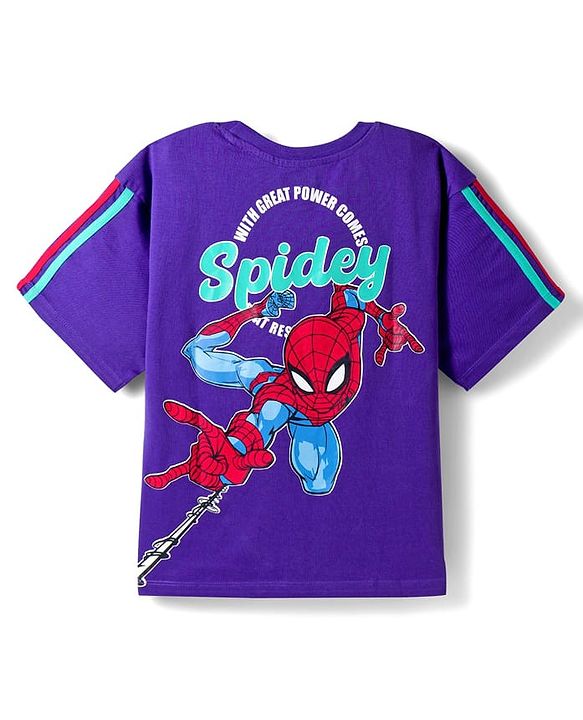 Pine Kids Marvel Terry Knit Drop Shoulder Half Sleeves T-Shirt with Front & Back Spiderman Graphics - Purple