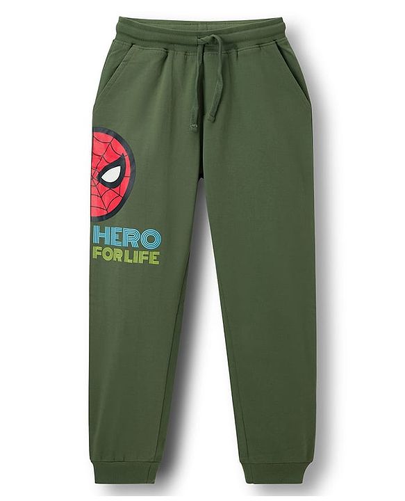 Pine Kids Marvel Single Jersey Knit Full Sleeves T-Shirt & Track Pant With Spider Man Print - Green