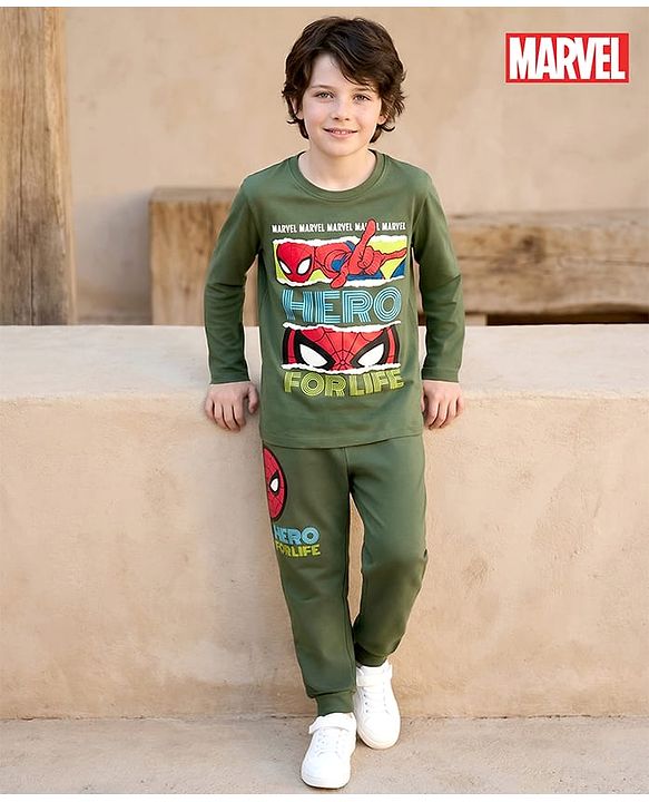 Pine Kids Marvel Single Jersey Knit Full Sleeves T-Shirt & Track Pant With Spider Man Print - Green