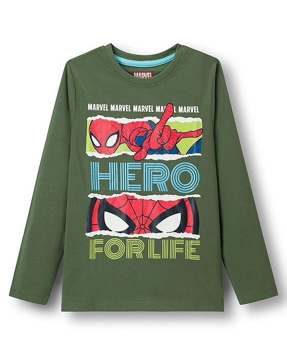 Pine Kids Marvel Single Jersey Knit Full Sleeves T-Shirt & Track Pant With Spider Man Print - Green