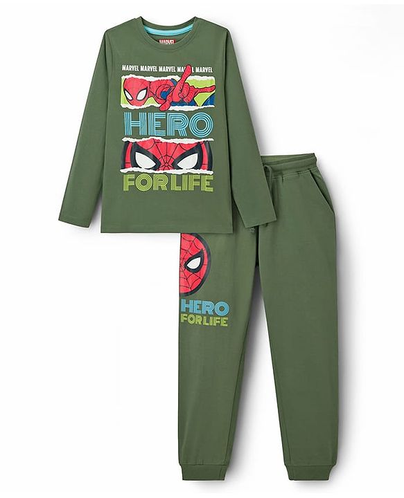 Pine Kids Marvel Single Jersey Knit Full Sleeves T-Shirt & Track Pant With Spider Man Print - Green