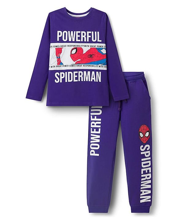 Pine Kids Marvel Single Jersey Knit Full Sleeves T-Shirt & Lounge Pant Set with Spider Man Graphic - Purple