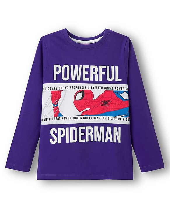 Pine Kids Marvel Single Jersey Knit Full Sleeves T-Shirt & Lounge Pant Set with Spider Man Graphic - Purple
