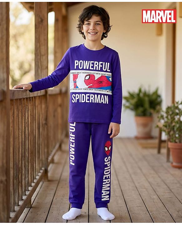 Pine Kids Marvel Single Jersey Knit Full Sleeves T-Shirt & Lounge Pant Set with Spider Man Graphic - Purple
