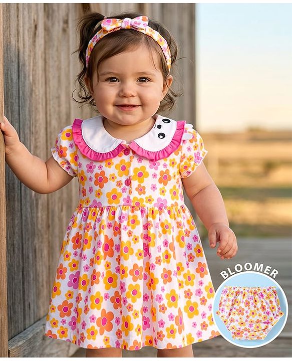 Babyhug Single Jersey Knit Half Sleeves Floral Printed Frock with Bloomer with Headband - Multicolor