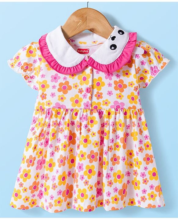 Babyhug Single Jersey Knit Half Sleeves Floral Printed Frock with Bloomer with Headband - Multicolor