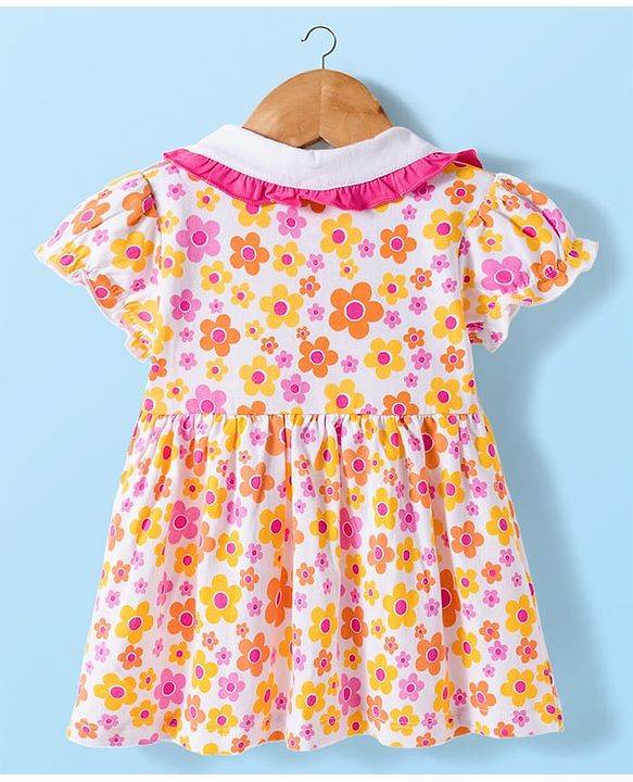 Babyhug Single Jersey Knit Half Sleeves Floral Printed Frock with Bloomer with Headband - Multicolor
