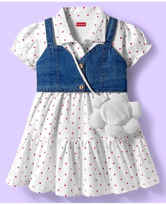 Babyhug Cotton Knit Half Puffed Sleeves Polka Dot Printed Frock with Sling Bag & Jacket - White