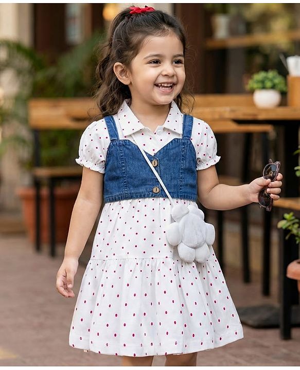 Babyhug Cotton Knit Half Puffed Sleeves Polka Dot Printed Frock with Sling Bag & Jacket - White
