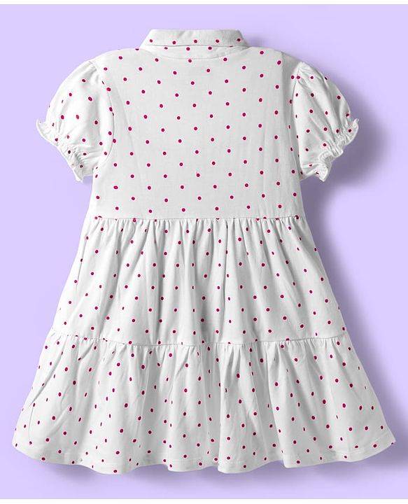 Babyhug Cotton Knit Half Puffed Sleeves Polka Dot Printed Frock with Sling Bag & Jacket - White