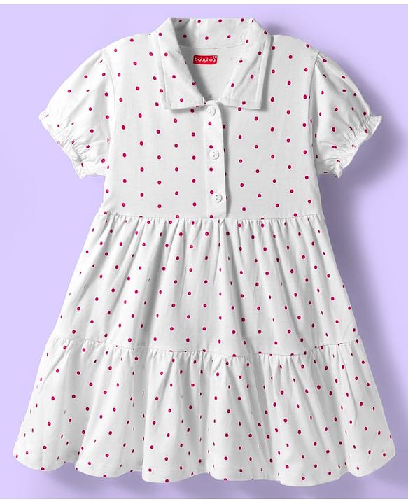 Babyhug Cotton Knit Half Puffed Sleeves Polka Dot Printed Frock with Sling Bag & Jacket - White