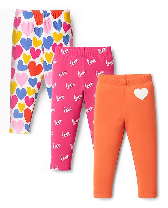 Babyhug Knit Full Length Leggings With Heart & Text Print Pack of 3 - Dark Pink & Orange