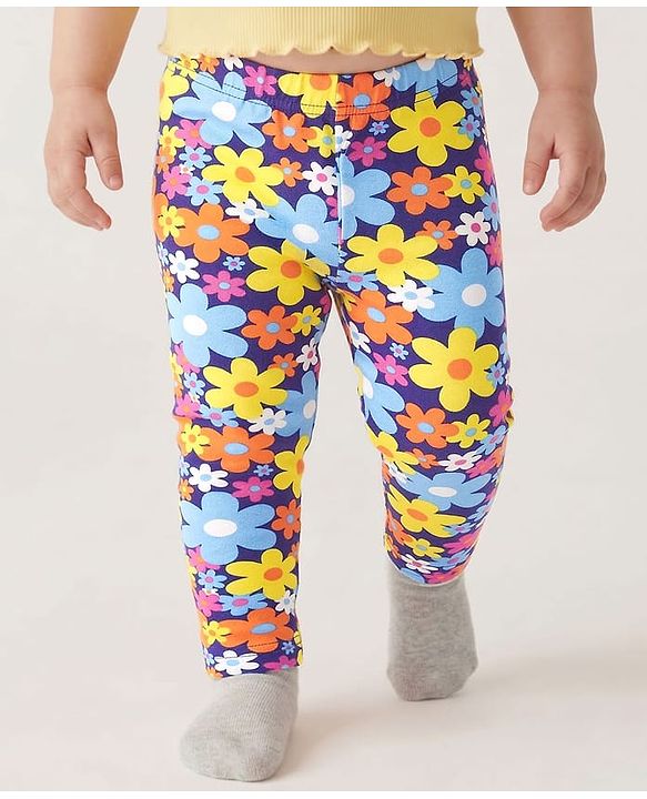 Babyhug Cotton Knit Full Length Leggings With Stripes & Floral Print Pack Of 3 - Pink Navy Blue & Yellow