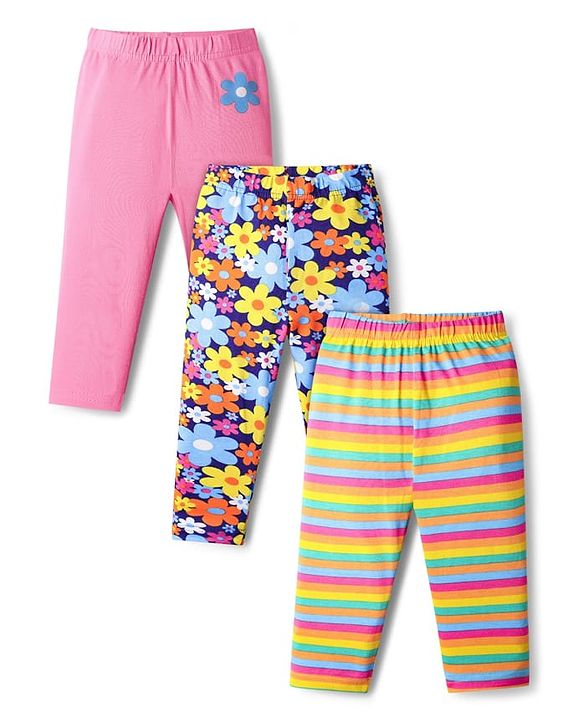 Babyhug Cotton Knit Full Length Leggings With Stripes & Floral Print Pack Of 3 - Pink Navy Blue & Yellow