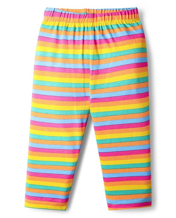 Babyhug Cotton Knit Full Length Leggings With Stripes & Floral Print Pack Of 3 - Pink Navy Blue & Yellow