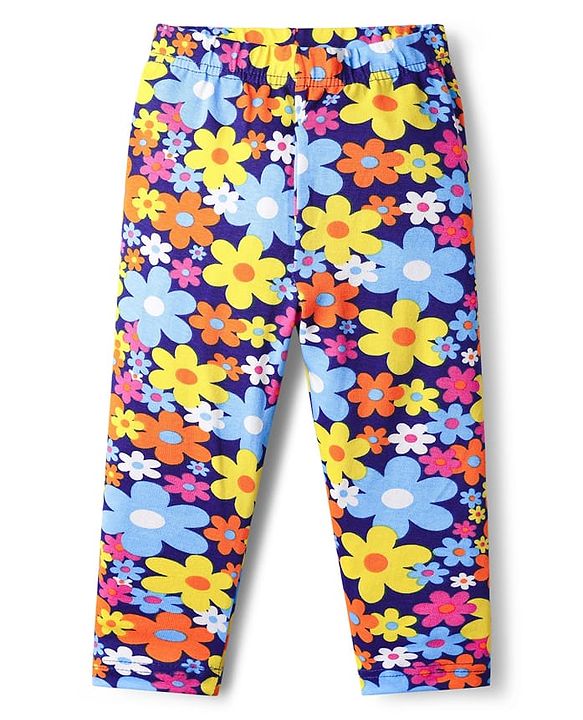 Babyhug Cotton Knit Full Length Leggings With Stripes & Floral Print Pack Of 3 - Pink Navy Blue & Yellow