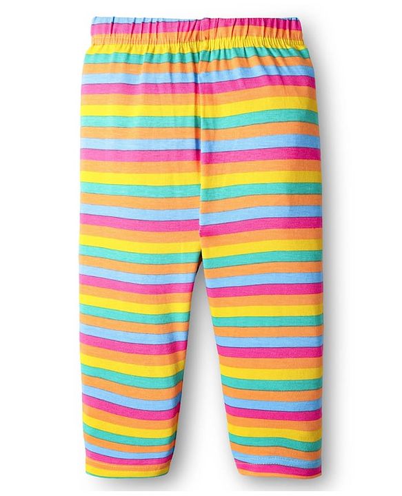 Babyhug Cotton Knit Full Length Leggings With Stripes & Floral Print Pack Of 3 - Pink Navy Blue & Yellow