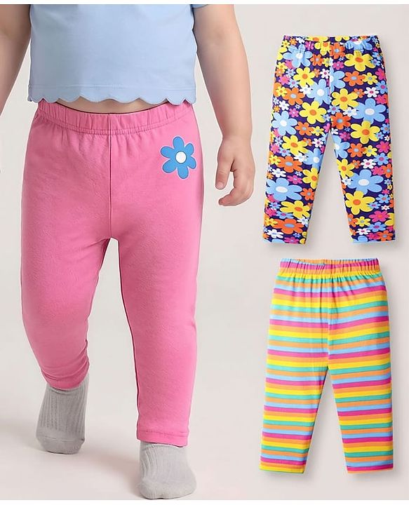 Babyhug Cotton Knit Full Length Leggings With Stripes & Floral Print Pack Of 3 - Pink Navy Blue & Yellow