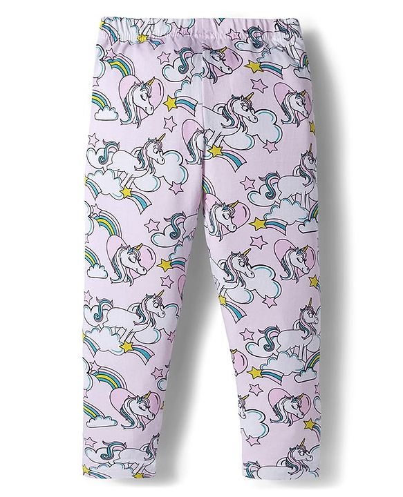 Babyhug Cotton Knit Full Length Leggings With Unicorn & Star Print Pack Of 3 - Navy Blue & Pink