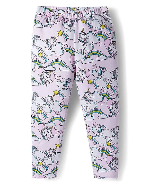 Babyhug Cotton Knit Full Length Leggings With Unicorn & Star Print Pack Of 3 - Navy Blue & Pink