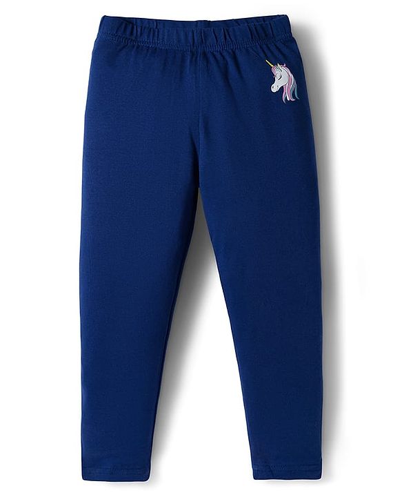 Babyhug Cotton Knit Full Length Leggings With Unicorn & Star Print Pack Of 3 - Navy Blue & Pink