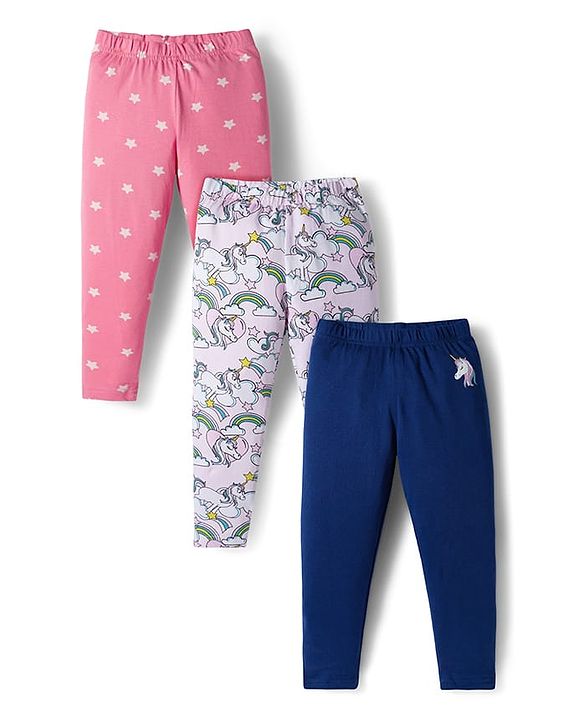 Babyhug Cotton Knit Full Length Leggings With Unicorn & Star Print Pack Of 3 - Navy Blue & Pink