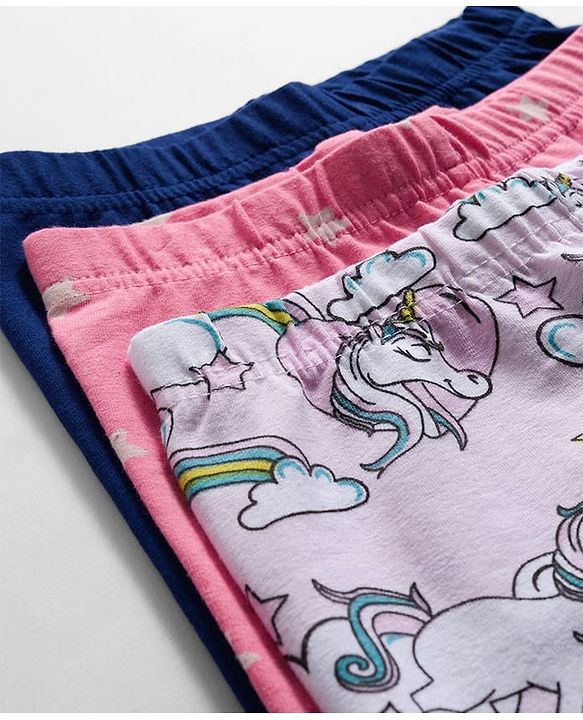 Babyhug Cotton Knit Full Length Leggings With Unicorn & Star Print Pack Of 3 - Navy Blue & Pink