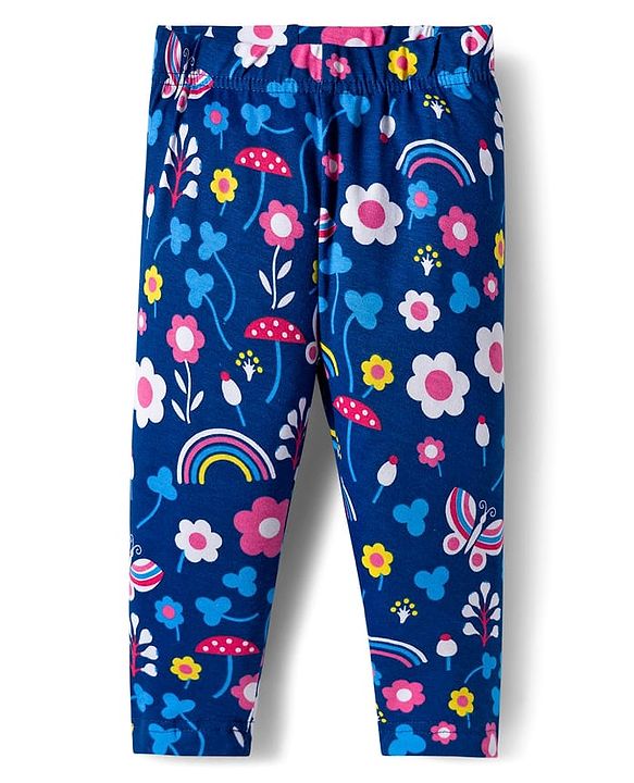 Babyhug Knit Full Length Leggings With Floral Print Pack Of 3 - Pink Yellow & Navy Blue
