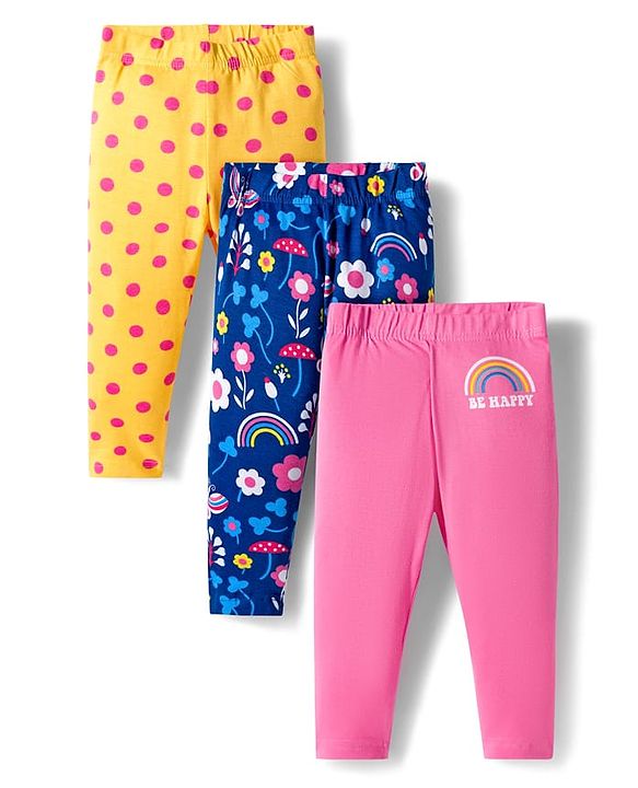 Babyhug Knit Full Length Leggings With Floral Print Pack Of 3 - Pink Yellow & Navy Blue
