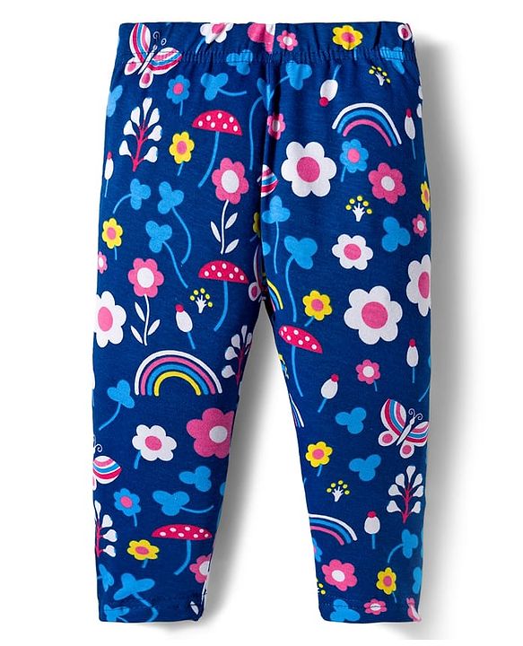 Babyhug Knit Full Length Leggings With Floral Print Pack Of 3 - Pink Yellow & Navy Blue