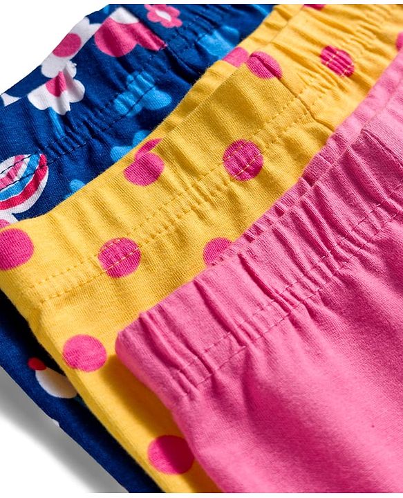 Babyhug Knit Full Length Leggings With Floral Print Pack Of 3 - Pink Yellow & Navy Blue