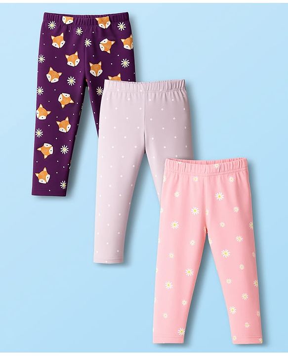 Babyhug Cotton Lycra Knit Full Length Leggings With Animal Floral & Polka Dot Print Pack of 3 - Purple Pink & Lavender