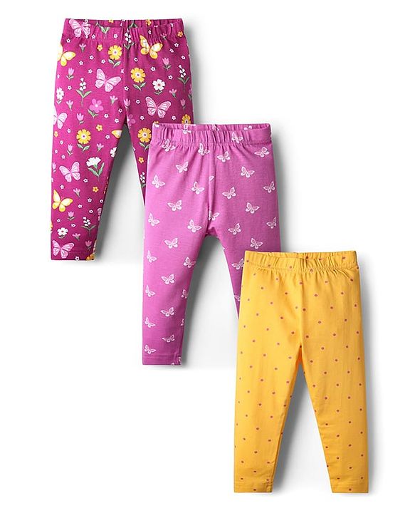 Babyhug Cotton Lycra Knit Leggings with Polka Dots Butterfly & Floral Print Pack of 3 - Pink & Yellow