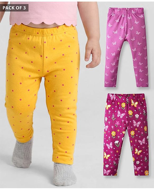 Babyhug Cotton Lycra Knit Leggings with Polka Dots Butterfly & Floral Print Pack of 3 - Pink & Yellow