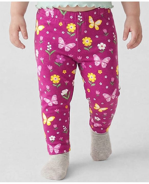 Babyhug Cotton Lycra Knit Leggings with Polka Dots Butterfly & Floral Print Pack of 3 - Pink & Yellow