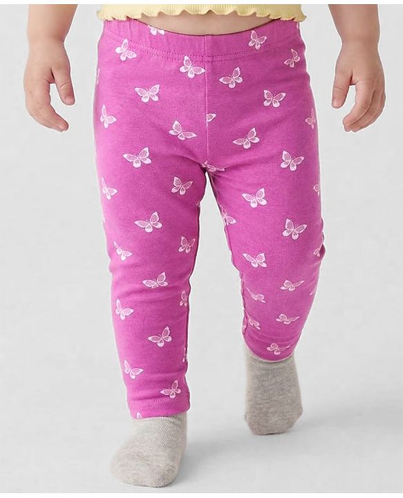 Babyhug Cotton Lycra Knit Leggings with Polka Dots Butterfly & Floral Print Pack of 3 - Pink & Yellow