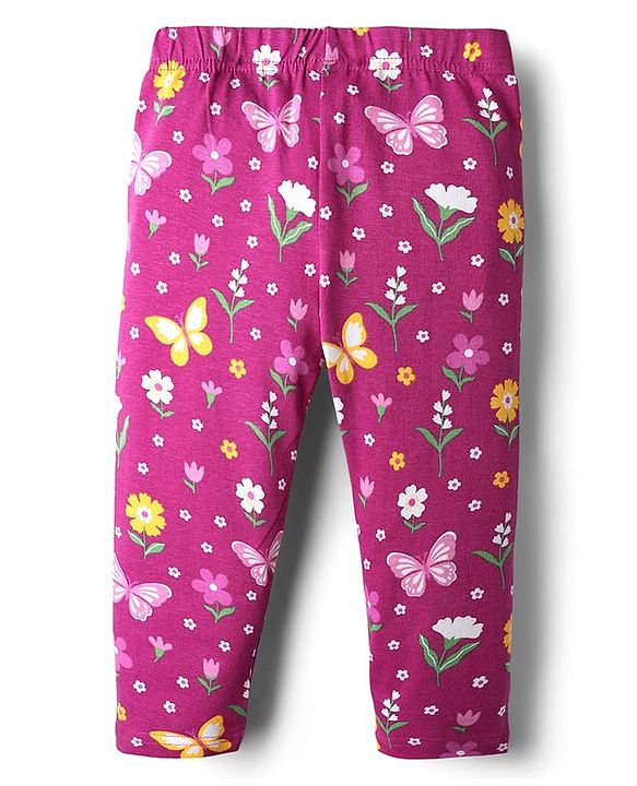 Babyhug Cotton Lycra Knit Leggings with Polka Dots Butterfly & Floral Print Pack of 3 - Pink & Yellow