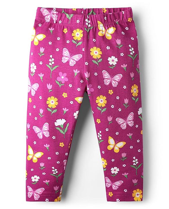 Babyhug Cotton Lycra Knit Leggings with Polka Dots Butterfly & Floral Print Pack of 3 - Pink & Yellow