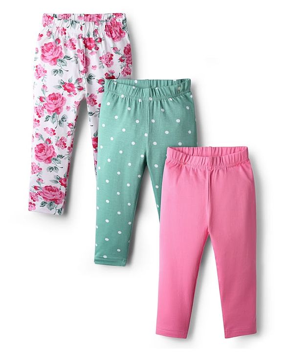 Babyhug Cotton Knit Full Length Legging With Floral & Polka Dot Print Pack Of 3 - Pink White & Light Green
