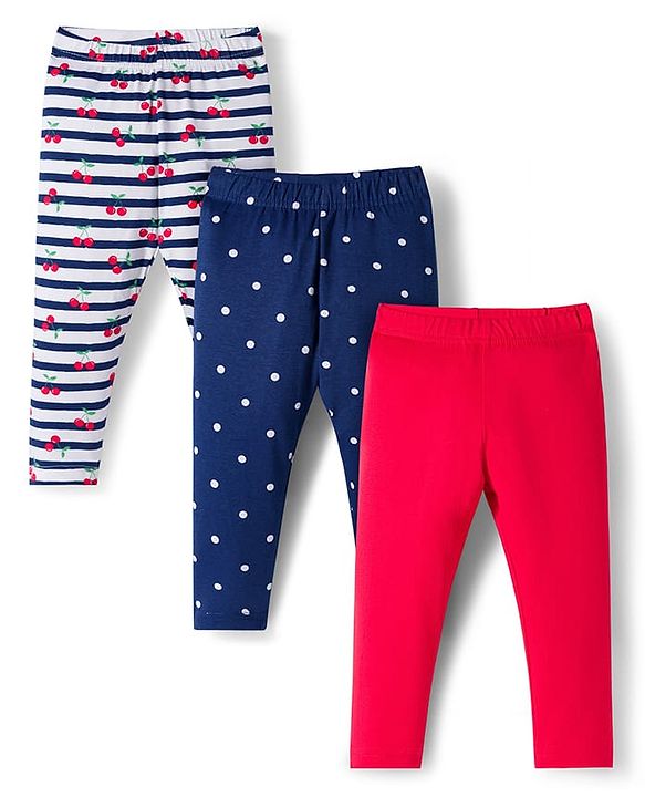 Babyhug Cotton Lycra Knit Full Length Leggings With Stripes & Cherry Print Pack Of 3 - Red & Navy Blue