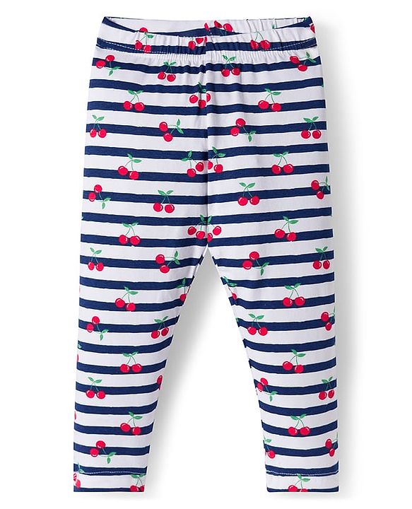 Babyhug Cotton Lycra Knit Full Length Leggings With Stripes & Cherry Print Pack Of 3 - Red & Navy Blue