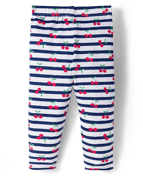 Babyhug Cotton Lycra Knit Full Length Leggings With Stripes & Cherry Print Pack Of 3 - Red & Navy Blue