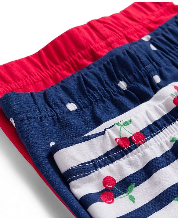 Babyhug Cotton Lycra Knit Full Length Leggings With Stripes & Cherry Print Pack Of 3 - Red & Navy Blue