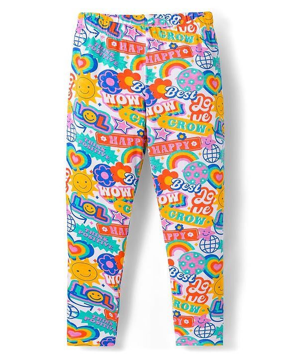 Babyhug Cotton Lycra Knit Full Length Polka Dot & Floral Printed Leggings Pack of 3 - Blue Orange & White